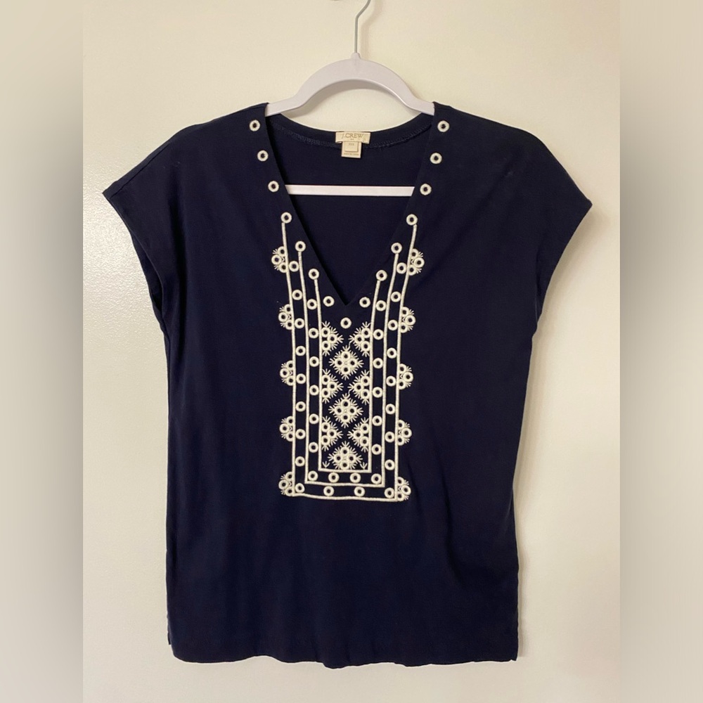 J. Crew Factory Navy Blue Cap Sleeve T-Shirt White Embroidery Split Neck Boho